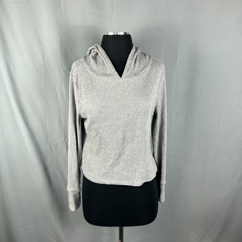 Eye Candy Pullover Sweater Womens XL Gray Ribbed Knit Hooded Cropped Cozy Warm